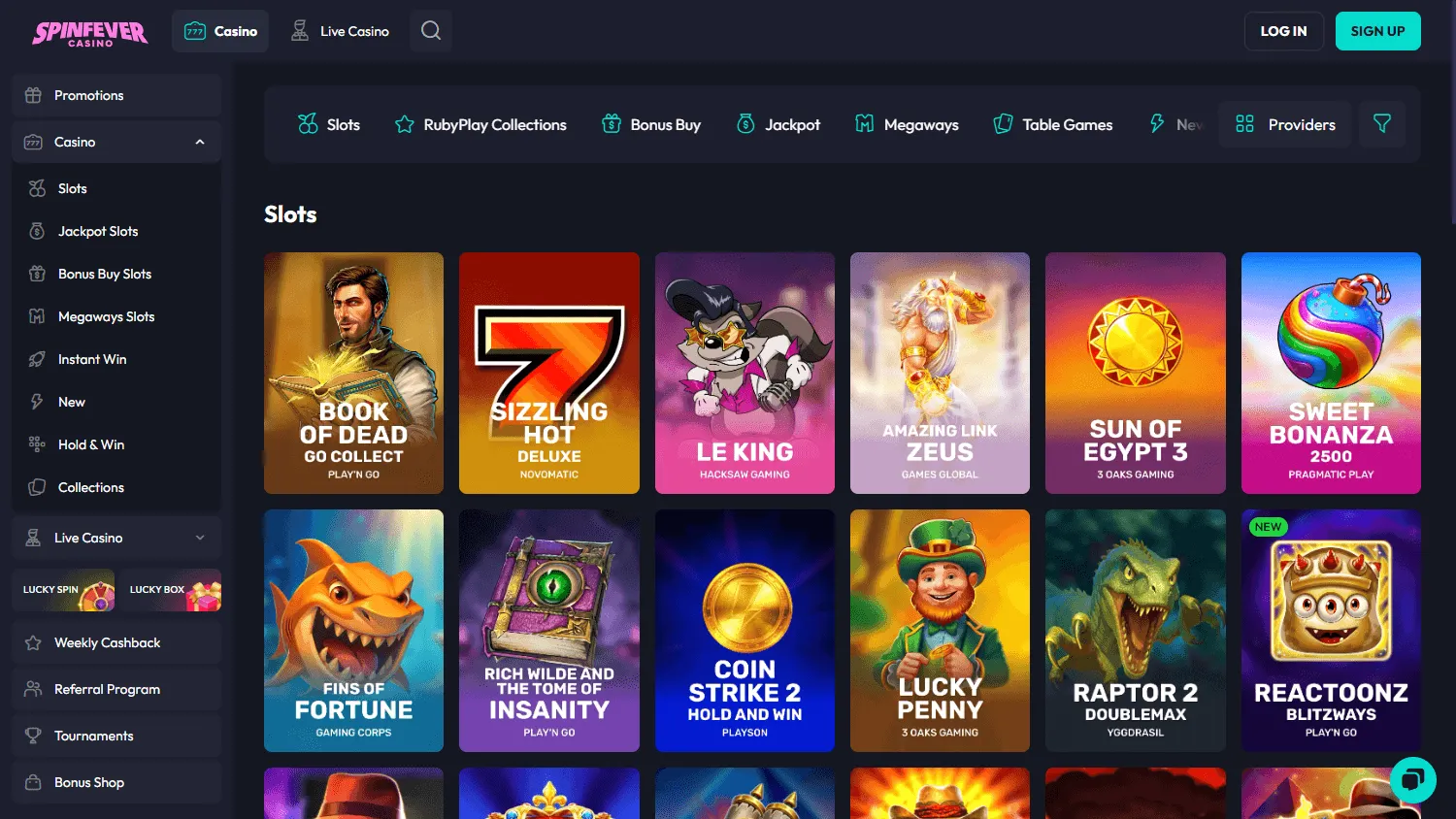 Spin Fever Casino game selection on a desktop computer
