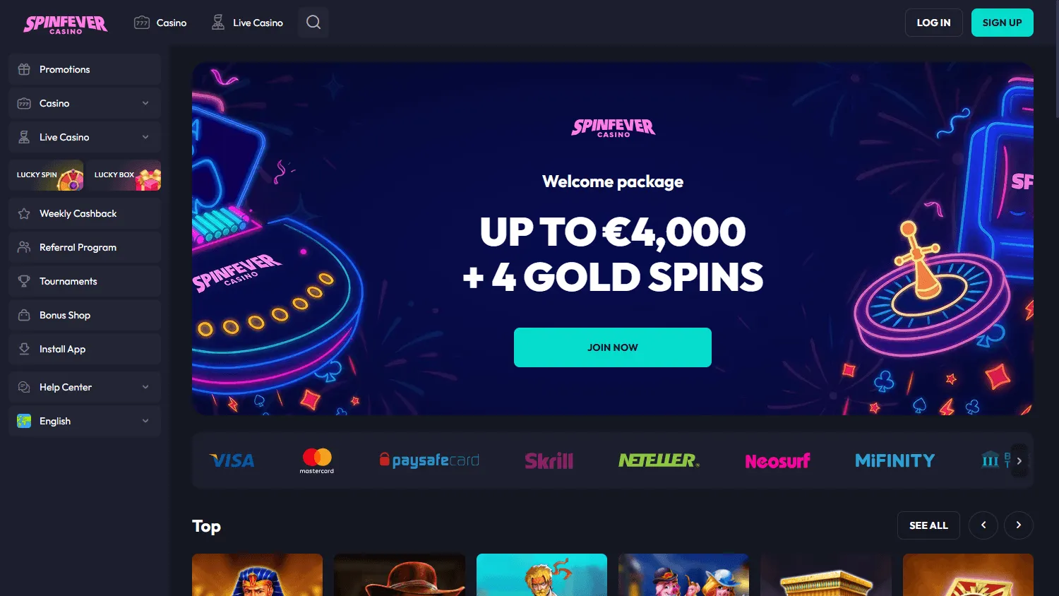 Spin Fever Casino home screen on a desktop computer