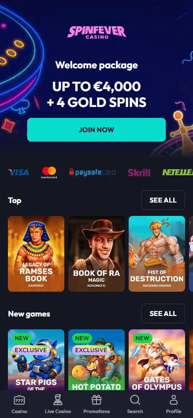 Spin Fever Casino home screen on a mobile device