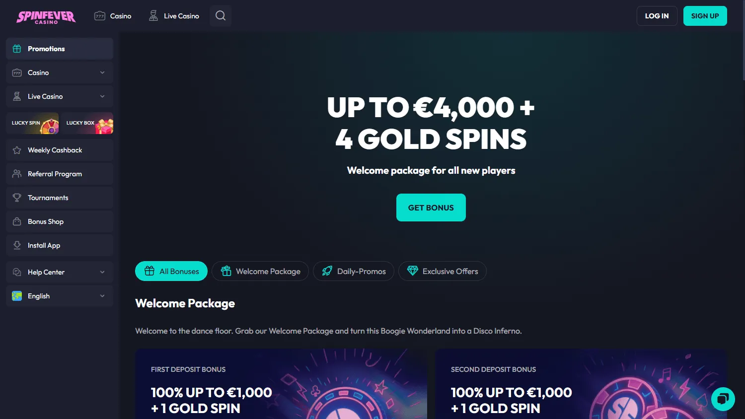 Spin Fever Casino promotions area on a desktop computer